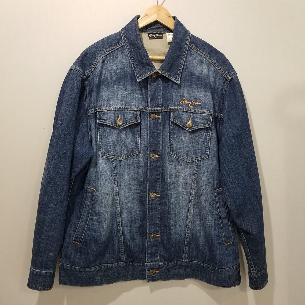 Sean John Jacket Mens Large Blue Denim Trucker Embroidered Logo Button Front